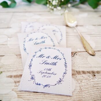 Personalised Tea Wedding Favours – Elegant Blue Wreath Design