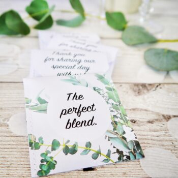 Personalised Tea Wedding Favours – Eucalyptus Foliage Design