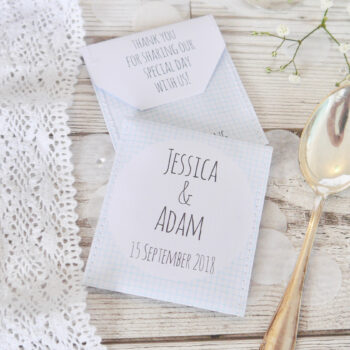 Personalised Tea Wedding Favours with Blue Graph Paper Design