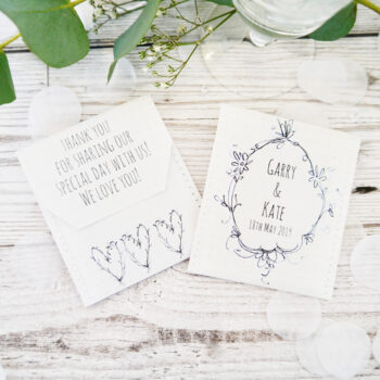 Personalised Tea Wedding Favours – Delicate Oval Wreath Design